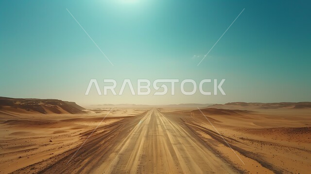 التطور والنمو العمراني في صحاري المملكة العربية السعودية, طريق اسفلتي ممتد على طول الصحراء, التلال والكثبان الرملية على أطراف الشارع في المناطق الصحراوية، تسهيل التنقلات بين المناطق البرية والمدن، شارع معبد لمرور السيارات وتسريع حركة المسافرين