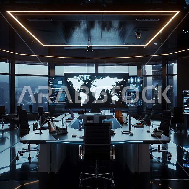 تصميم داخلي على الطرازا لحديث، دمج التكنولوجيا و التقنيات الحديثة مع الحياة العملية, ديكورات عصرية للشركات الراقية, مكاتب الاعمال في المملكة العربية السعودية, الشاشات الرقمية المضيئة بالخرائط الرقمية