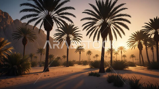 Interest in afforestation and fields, local and national agricultural crops and products, harvest season and date harvest, nature reserves in the Kingdom of Saudi Arabia, oases and palm tree farms in desert areas