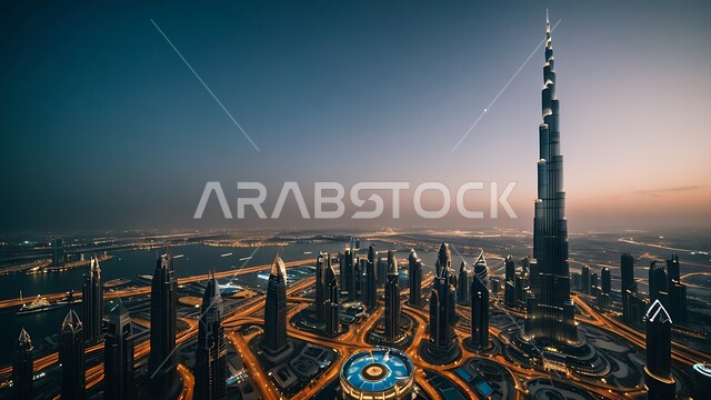 الفن الهندسي المعماري على الطراز الحديث للأبراج وناطحات السحاب، جذب واستقطاب السياح من انحاء العالم، برج خليفة في مدينة دبي المضيء ليلا، الواجهة السياحية في الامارات العربية المتحدة, النمو والتطور العمراني في الخليج العربي