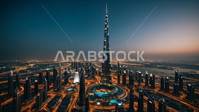 الفن الهندسي المعماري على الطراز الحديث للأبراج وناطحات السحاب، جذب واستقطاب السياح من انحاء العالم، برج خليفة في مدينة دبي المضيء ليلا، الواجهة السياحية في الامارات العربية المتحدة, النمو والتطور العمراني في الخليج العربي