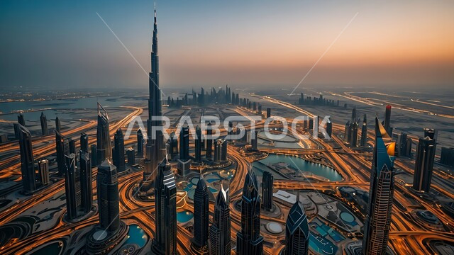 الفن الهندسي المعماري على الطراز الحديث للأبراج وناطحات السحاب، جذب واستقطاب السياح من انحاء العالم، برج خليفة في مدينة دبي المضيء ليلا، الواجهة السياحية في الامارات العربية المتحدة, النمو والتطور العمراني في الخليج العربي