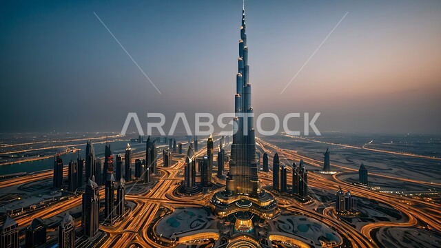 النمو والتطور العمراني في الخليج العربي، الفن الهندسي المعماري على الطراز الحديث للأبراج وناطحات السحاب، جذب واستقطاب السياح من انحاء العالم، برج خليفة في مدينة دبي المضيء ليلا، الواجهة السياحية في الامارات العربية المتحدة