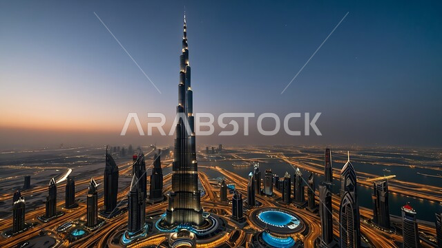 Urban growth and development in the Arabian Gulf, modern architectural art of towers and skyscrapers, attracting and attracting tourists from all over the world, Burj Khalifa in Dubai illuminated at night, the tourist destination in the United Arab Emirates