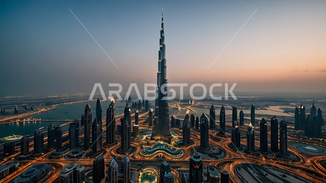 Modern architectural style of towers and skyscrapers, attracting and attracting tourists from all over the world, Burj Khalifa in Dubai illuminated at night, tourist destination in the United Arab Emirates, urban growth and development in the Arabian Gulf