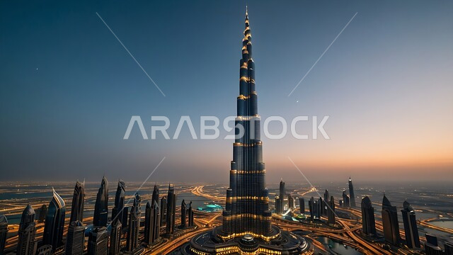 الفن الهندسي المعماري على الطراز الحديث للأبراج وناطحات السحاب، جذب واستقطاب السياح من انحاء العالم، برج خليفة في مدينة دبي المضيء ليلا، الواجهة السياحية في الامارات العربية المتحدة, النمو والتطور العمراني في الخليج العربي