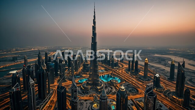 الفن الهندسي المعماري على الطراز الحديث للأبراج وناطحات السحاب، جذب واستقطاب السياح من انحاء العالم، برج خليفة في مدينة دبي المضيء ليلا، الواجهة السياحية في الامارات العربية المتحدة, النمو والتطور العمراني في الخليج العربي