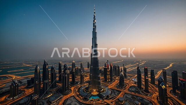 Modern architectural style of towers and skyscrapers, attracting and attracting tourists from all over the world, Burj Khalifa in Dubai illuminated at night, tourist destination in the United Arab Emirates, urban growth and development in the Arabian Gulf
