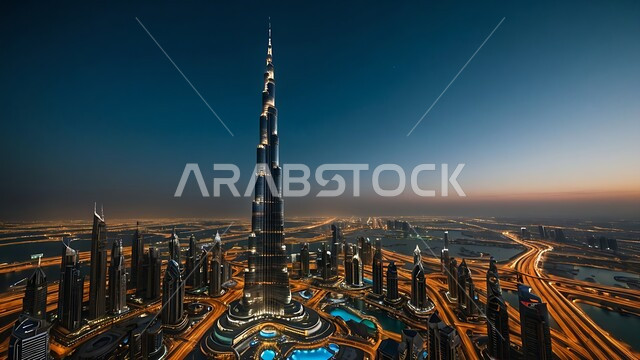 الفن الهندسي المعماري على الطراز الحديث للأبراج وناطحات السحاب، جذب واستقطاب السياح من انحاء العالم، برج خليفة في مدينة دبي المضيء ليلا، الواجهة السياحية في الامارات العربية المتحدة, النمو والتطور العمراني في الخليج العربي