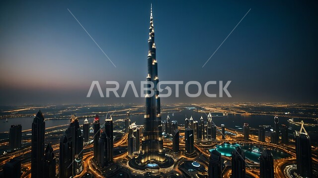 الفن الهندسي المعماري على الطراز الحديث للأبراج وناطحات السحاب، جذب واستقطاب السياح من انحاء العالم، برج خليفة في مدينة دبي المضيء ليلا، الواجهة السياحية في الامارات العربية المتحدة, النمو والتطور العمراني في الخليج العربي