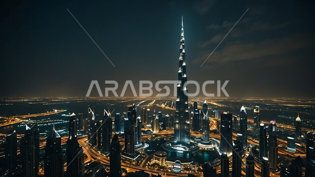 النمو والتطور العمراني في الخليج العربي، الفن الهندسي المعماري على الطراز الحديث للأبراج وناطحات السحاب، جذب واستقطاب السياح من انحاء العالم، برج خليفة في مدينة دبي المضيء ليلا، الواجهة السياحية في الامارات العربية المتحدة