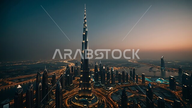 النمو والتطور العمراني في الخليج العربي، الفن الهندسي المعماري على الطراز الحديث للأبراج وناطحات السحاب، جذب واستقطاب السياح من انحاء العالم، برج خليفة في مدينة دبي المضيء ليلا، الواجهة السياحية في الامارات العربية المتحدة