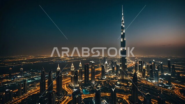 النمو والتطور العمراني في الخليج العربي، الفن الهندسي المعماري على الطراز الحديث للأبراج وناطحات السحاب، جذب واستقطاب السياح من انحاء العالم، برج خليفة في مدينة دبي المضيء ليلا، الواجهة السياحية في الامارات العربية المتحدة