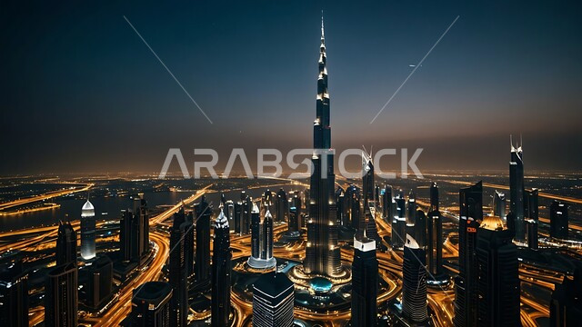 النمو والتطور العمراني في الخليج العربي، الفن الهندسي المعماري على الطراز الحديث للأبراج وناطحات السحاب، جذب واستقطاب السياح من انحاء العالم، برج خليفة في مدينة دبي المضيء ليلا، الواجهة السياحية في الامارات العربية المتحدة