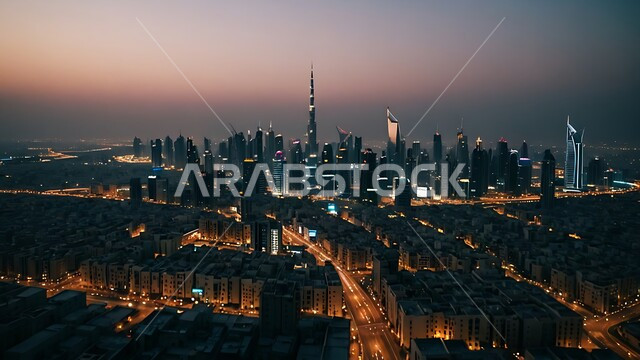 الواجهة السياحية في الامارات العربية المتحدة, النمو والتطور العمراني في الخليج العربي, الفن الهندسي المعماري على الطراز الحديث للأبراج وناطحات السحاب, جذب واستقطاب السياح من انحاء العالم, برج خليفة في مدينة دبي المضيء ليلا