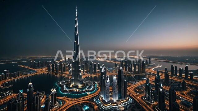 الواجهة السياحية في الامارات العربية المتحدة, النمو والتطور العمراني في الخليج العربي, الفن الهندسي المعماري على الطراز الحديث للأبراج وناطحات السحاب, جذب واستقطاب السياح من انحاء العالم, برج خليفة في مدينة دبي المضيء ليلا