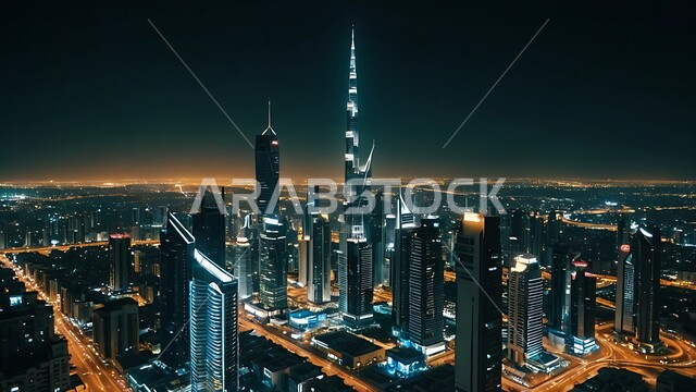 الواجهة السياحية في الامارات العربية المتحدة, النمو والتطور العمراني في الخليج العربي, الفن الهندسي المعماري على الطراز الحديث للأبراج وناطحات السحاب, جذب واستقطاب السياح من انحاء العالم, برج خليفة في مدينة دبي المضيء ليلا