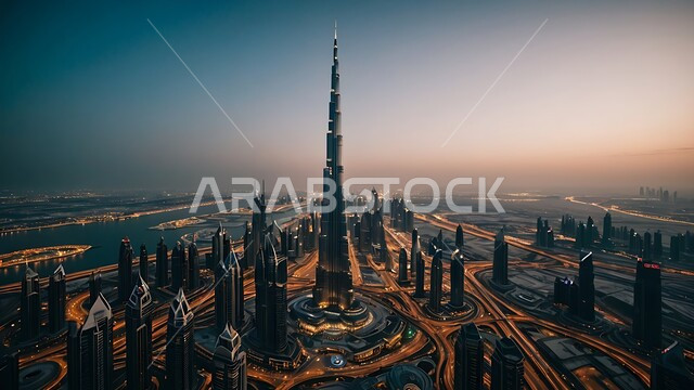 الواجهة السياحية في الامارات العربية المتحدة, النمو والتطور العمراني في الخليج العربي, الفن الهندسي المعماري على الطراز الحديث للأبراج وناطحات السحاب, جذب واستقطاب السياح من انحاء العالم, برج خليفة في مدينة دبي المضيء ليلا