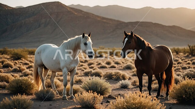 Caring for mammals, raising and training horses in the wilderness of the Kingdom of Saudi Arabia, a group of horses running over the soft golden desert sands, nature reserves for caring for wild animals, a symbol of chivalry and courage, purebred Arabian horses, desert nature background