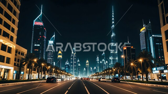 التقدم والتوسع العمراني في دولة الإمارات العربية المتحدة، الفن الهندسي المعماري للمباني والمنشآت السكنية والتجارية، الابراج وناطحات السحاب المضيئة ليلا في مدينة دبي، حركة مرور السيارات في الشوارع والطرقات، رؤية مستقبلية 2030