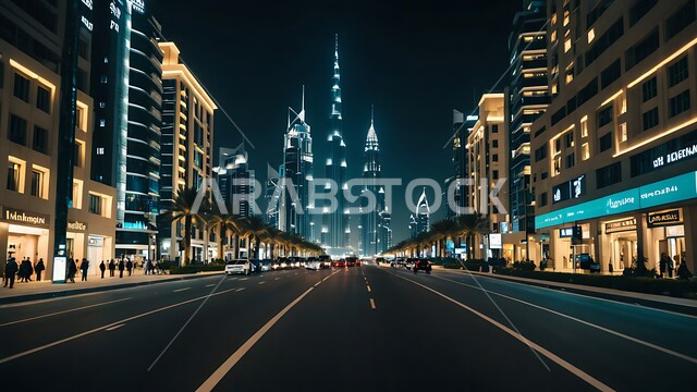 Architectural engineering art of residential and commercial buildings and facilities, urban progress and expansion in the United Arab Emirates, towers and skyscrapers illuminated at night in the city of Dubai, traffic movement in the streets and roads, future vision 2030