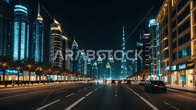 الفن الهندسي المعماري للمباني والمنشآت السكنية والتجارية، التقدم والتوسع العمراني في دولة الإمارات العربية المتحدة، الابراج وناطحات السحاب المضيئة ليلا في مدينة دبي، حركة مرور السيارات في الشوارع والطرقات، رؤية مستقبلية 2030
