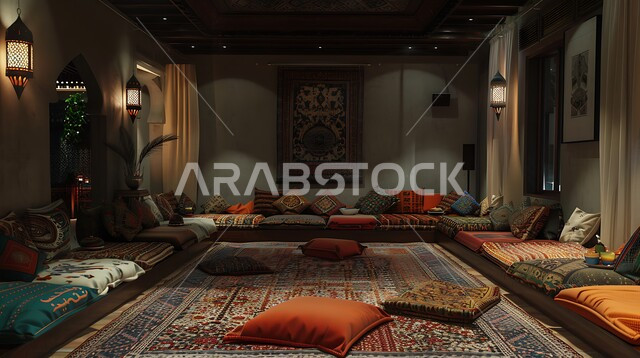 Antique decorations in the Kingdom of Saudi Arabia, interior decoration of traditional Bedouin councils, adherence to Arab customs and traditions rich in ancient culture, hand-made embroidered textiles, colorful furnishings and pillows, Saudi heritage design, illuminated metal lanterns