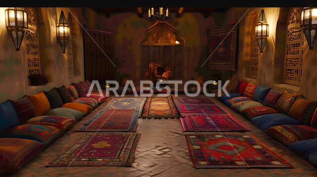 ديكورات أثرية عريقة في المملكة العربية السعودية, الديكور الداخلي للمجالس البدوية التقليدية الشعبية, التمسك بالعادات والتقاليد العربية الغنية بالثقافة القديمة, المنسوجات المطرزة المصنوعة بشكل يدوي, المفروشات والوسائد الملونة،  التصميم التراثي السعودي، الفوانيس المعدنية المضيئة