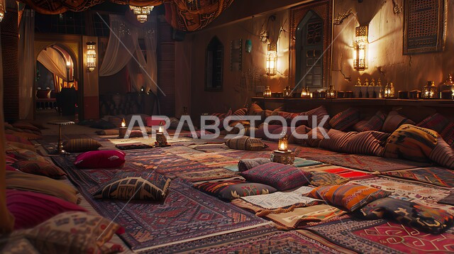 ديكورات أثرية عريقة في المملكة العربية السعودية, الديكور الداخلي للمجالس البدوية التقليدية الشعبية, التمسك بالعادات والتقاليد العربية الغنية بالثقافة القديمة, المنسوجات المطرزة المصنوعة بشكل يدوي, المفروشات والوسائد الملونة،  التصميم التراثي السعودي، الفوانيس المعدنية المضيئة