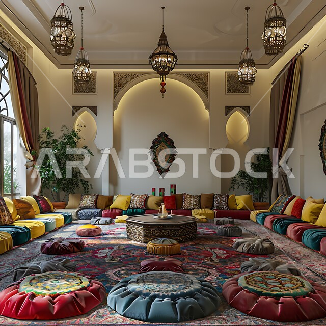 التمسك بالعادات والتقاليد العربية الغنية بالثقافة القديمة، ديكورات أثرية عريقة في المملكة العربية السعودية, المجالس البدوية التقليدية الشعبية, المنسوجات والوسائد الملونة المطرزة المصنوعة بشكل يدوي، التصميم التراثي السعودي، الفوانيس المعدنية المضيئة، طاولة خشبية صغيرة