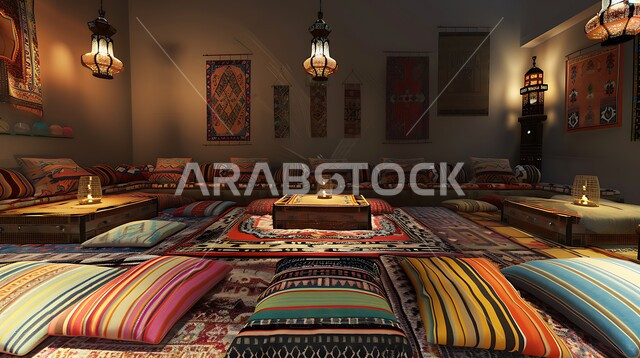 التمسك بالعادات والتقاليد العربية الغنية بالثقافة القديمة، ديكورات أثرية عريقة في المملكة العربية السعودية, المجالس البدوية التقليدية الشعبية, المنسوجات والوسائد الملونة المطرزة المصنوعة بشكل يدوي، التصميم التراثي السعودي، الفوانيس المعدنية المضيئة، طاولة خشبية صغيرة