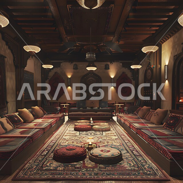 المنسوجات والوسائد الملونة المطرزة المصنوعة بشكل يدوي، التصميم التراثي السعودي، الفوانيس المعدنية المضيئة، التمسك بالعادات والتقاليد العربية الغنية بالثقافة القديمة، ديكورات أثرية عريقة في المملكة العربية السعودية, المجالس البدوية التقليدية الشعبية