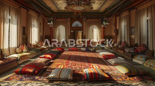 Hand-embroidered colorful textiles and cushions, Saudi heritage design, illuminated metal lanterns, adherence to Arab customs and traditions rich in ancient culture, ancient antique decorations in the Kingdom of Saudi Arabia, traditional Bedouin councils