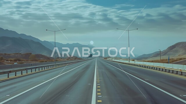 الطبيعة والبيئة الجبلية والمرتفعات في المملكة العربية السعودية، حركة مرور وسير السيارات على طريق اسفلتي بين التكوينات الصخرية والكثبان الرملية ،تهيئة طرقات السفر السريعة ،التلال والهضاب في المناطق الجبلية الصحراوية ،خط السير وسط الصحراء ،الأماكن البرية الطبيعية 