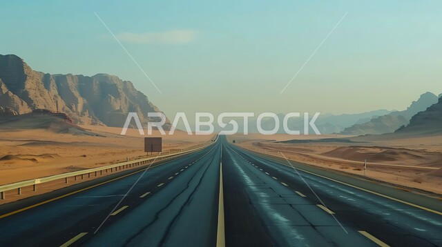 الطبيعة والبيئة الجبلية والمرتفعات في المملكة العربية السعودية، حركة مرور وسير السيارات على طريق اسفلتي بين التكوينات الصخرية والكثبان الرملية ،تهيئة طرقات السفر السريعة ،التلال والهضاب في المناطق الجبلية الصحراوية ،خط السير وسط الصحراء ،الأماكن البرية الطبيعية 