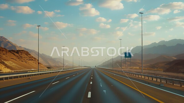 الطبيعة والبيئة الجبلية والمرتفعات في المملكة العربية السعودية، حركة مرور وسير السيارات على طريق اسفلتي بين التكوينات الصخرية والكثبان الرملية ،تهيئة طرقات السفر السريعة ،التلال والهضاب في المناطق الجبلية الصحراوية ،خط السير وسط الصحراء ،الأماكن البرية الطبيعية 