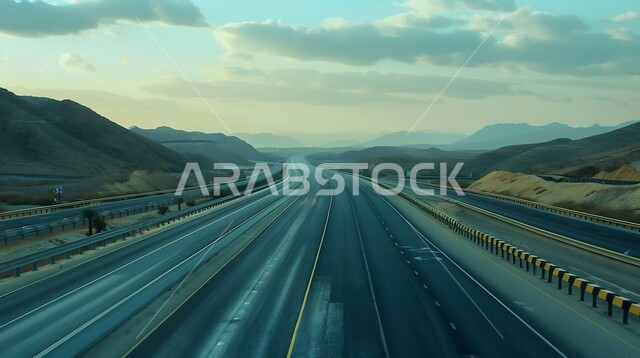 حركة مرور وسير السيارات على طريق اسفلتي بين التكوينات الصخرية والكثبان الرملية ،تهيئة طرقات السفر السريعة ،الطبيعة والبيئة الجبلية والمرتفعات في المملكة العربية السعودية، التلال والهضاب في المناطق الجبلية الصحراوية ،خط السير وسط الصحراء 