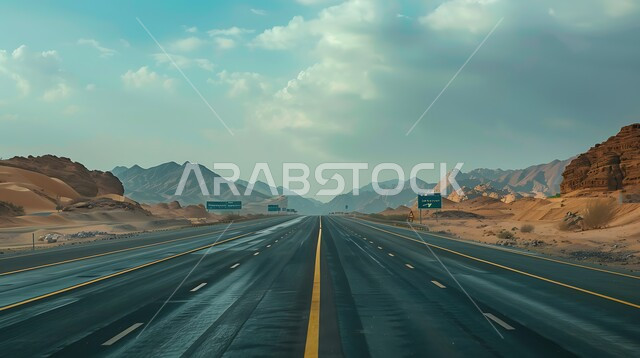 Traffic and car movement on an asphalt road between rock formations and sand dunes, preparing expressways, nature and mountainous environment and highlands in the Kingdom of Saudi Arabia, hills and plateaus in the desert mountainous areas, route in the middle of the desert