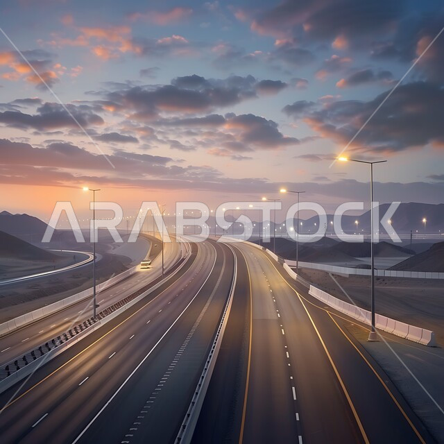 Illuminated lampposts, traffic and car movement on an asphalt road between rock formations and sand dunes, preparing expressways, nature and mountainous environment and highlands in the Kingdom of Saudi Arabia, hills and plateaus in desert mountainous areas