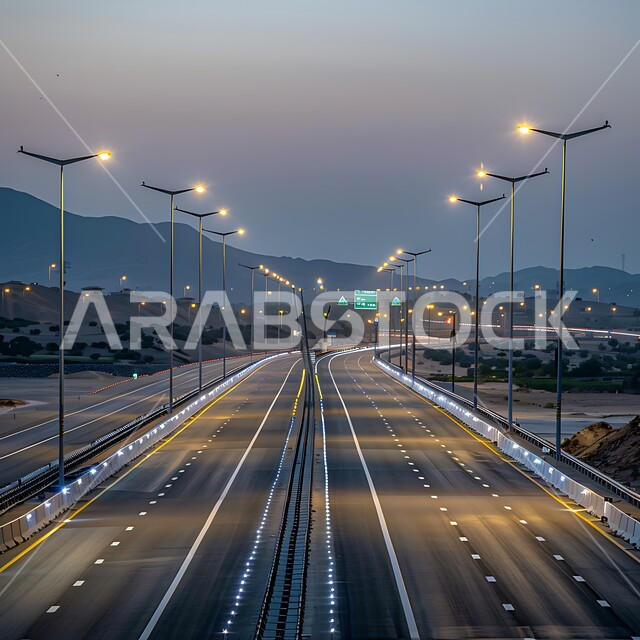  أعمدة الإنارة المضيئة، حركة مرور وسير السيارات على طريق اسفلتي بين التكوينات الصخرية والكثبان الرملية ،تهيئة طرقات السفر السريعة ،الطبيعة والبيئة الجبلية والمرتفعات في المملكة العربية السعودية، التلال والهضاب في المناطق الجبلية الصحراوية  