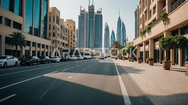 النمو والتقدم العمراني لبرج خليفة في دولة الإمارات العربية المتحدة، حركة مرور السيارات في الشوارع والطرقات، الفن الهندسي المعماري للابراج وناطحات السحاب المضيئة في مدينة دبي، رؤية مستقبلية 2030، الاهتمام بزراعة أشجار النخيل