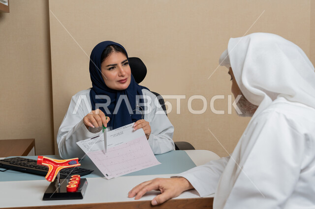 Viewing test results, providing consultations in medical centers in the United Arab Emirates, following up on patients' medical records, working in health sectors, a veiled Gulf Arab Emirati female doctor wearing a medical coat describing the patient's medical condition, women's professions and jobs