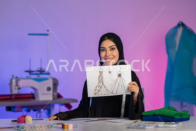 تنمية المهارات الفنية, عرض موديلات عصرية راقية, دور المرأة في مجال الخياطة، بورتريه مقرب لمصممة عربية خليجية امارتية ترتدي العباءة تحمل بيدها رسمة تصميم الفستان، شابة سعودية تنظر إلى الكاميرا وتقوم بتفصيل الملابس النسائية, عالم الأزياء والموضة, خلفية ملونة