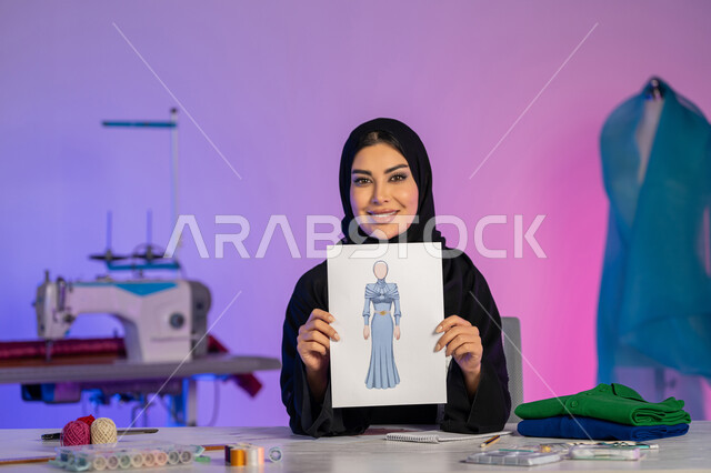 عالم الأزياء والموضة, تنمية المهارات الفنية، اختراع موديلات عصرية، أهمية المرأة في مجال الخياطة، بورتريه مقرب لمصممة عربية خليجية امارتية ترتدي العباءة تحمل بيدها رسمة تصميم الفستان، شابة سعودية تنظر إلى الكاميرا وتقوم بتفصيل الملابس النسائية, خلفية ملونة