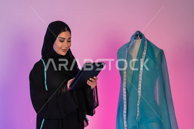 دمج العمل مع التقنية والتكنولوجيا, بورتريه مقرب لمصممة أزياء عربية خليجية إماراتية تقف بجانب المانيكان وتعمل على جهاز التابليت في ورشة الخياطة, استخدام الأجهزة والتقنيات الحديثة والمتطورة, شابة سعودية تصمم موديلات جديدة, معدات الخياطة ورسم الأزياء, خلفية ملونة