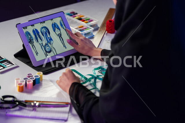 أدوات ومعدات الخياطة والرسم, صورة مقربة من الجانب لمصممة أزياء عربية خليجية إماراتية ترتدي العباءة تقوم بتصفح التطبيقات عبر جهاز التابليت, مهارات وفنون تفصيل الملابس النسائية, استخدام الأجهزة والتقنيات الحديثة, شابة سعودية تعمل عبر الأونلاين