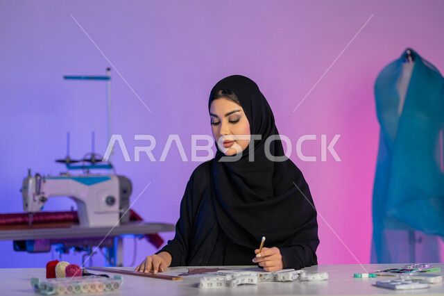 أعمال ومهن فنية يدوية, مهارة تفصيل الملابس النسائية، اختراع وابتكار موديلات جديدة وعصرية، بورتريه مقرب لمصممة أزياء عربية خليجية إماراتية ترتدي العباءة تستخدم معدات الرسم والخياطة, شابة سعودية تعمل باندماج, خلفية ملونة