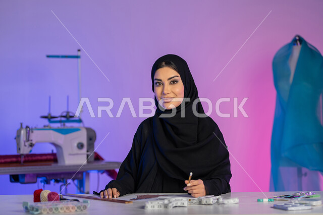 اختراع وابتكار موديلات جديدة وعصرية، بورتريه مقرب لمصممة أزياء عربية خليجية إماراتية ترتدي العباءة تستخدم معدات الرسم والخياطة, شابة سعودية تنظر إلى الكاميرا بثقة, مهن وأعمال فنية يدوية, مهارة تفصيل الملابس النسائية، خلفية ملونة