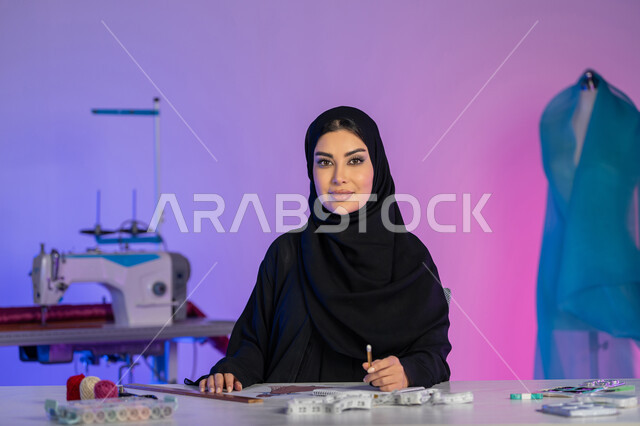مهن وأعمال فنية يدوية, مهارة تفصيل الملابس النسائية، اختراع وابتكار موديلات جديدة وعصرية، بورتريه مقرب لمصممة أزياء عربية خليجية إماراتية ترتدي العباءة تستخدم معدات الرسم والخياطة, شابة سعودية تنظر إلى الكاميرا بثقة, خلفية ملونة