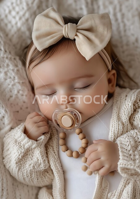 The concept of femininity and softness, features of innocence and childhood, a cute Saudi Arabian Gulf girl wearing a white woolen jacket and a headband lying in the cradle, using a pacifier to calm down and sleep with expressions of happiness and comfort